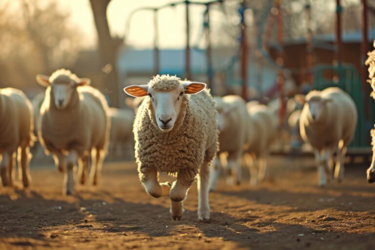 a herd of sheeps jumping around in playground, in style animal character in realistic photography --ar 3:2 --v 6 Job ID: 7f972392-4b2c-4982-a93c-523d34098403
